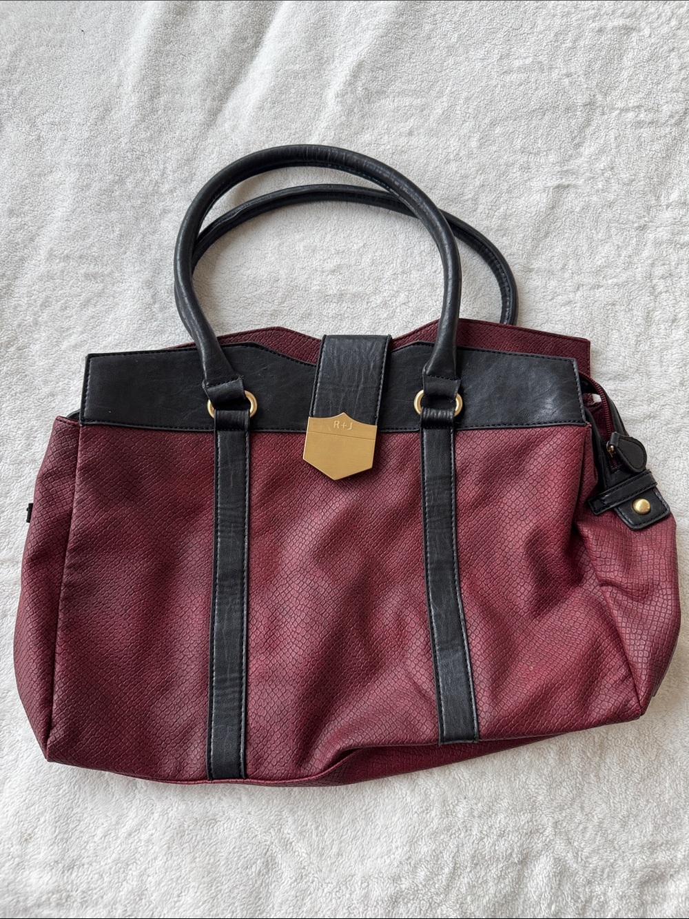 Structured Burgundy and Black Tote with Gold Hardware